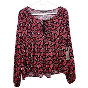 Haute Monde Floral Boho Blouse Black & Red Long Sleeve Size Small
